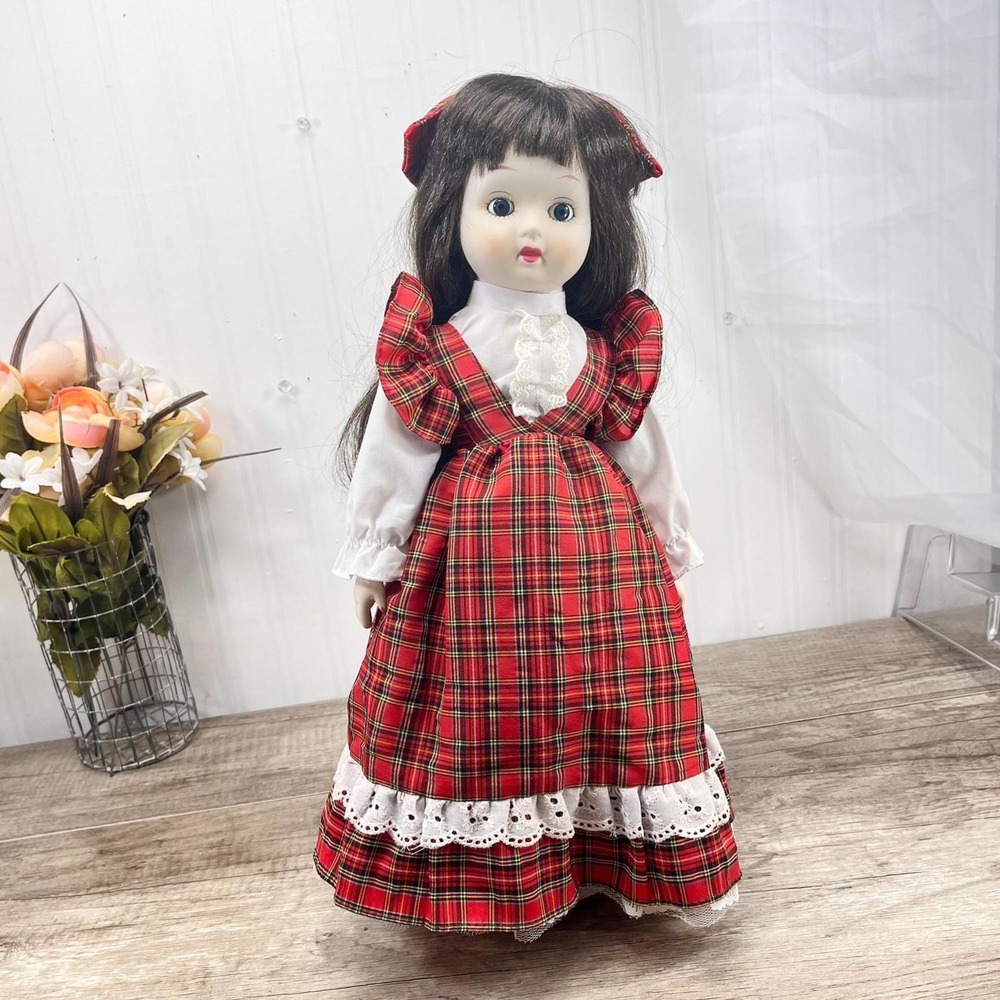 Vintage Porcelain Doll, Bisque Painted Face Collectible Doll in Red Plaid Dress
